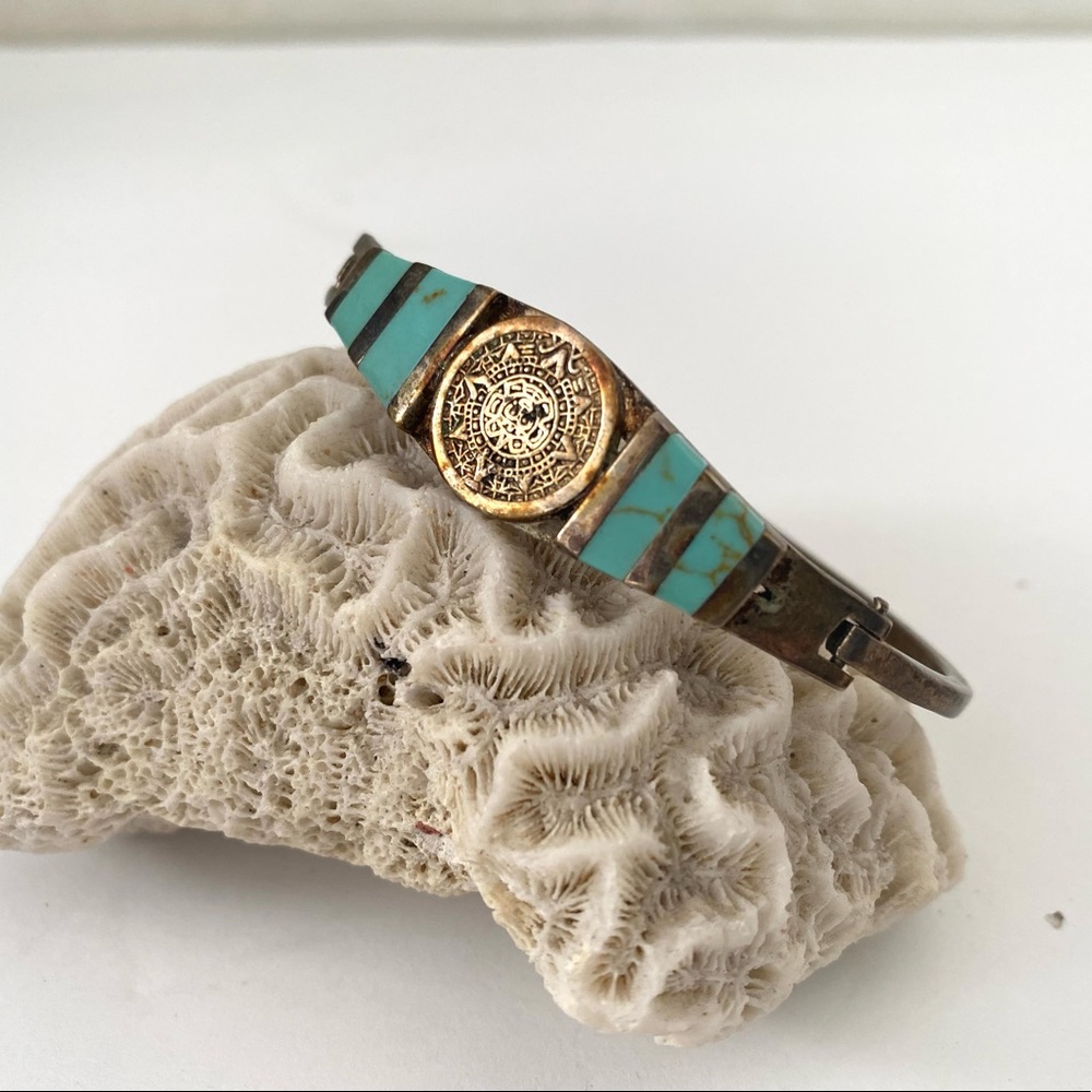 Vintage Real Silver an Turquoise Mayan Mexico Bracelet